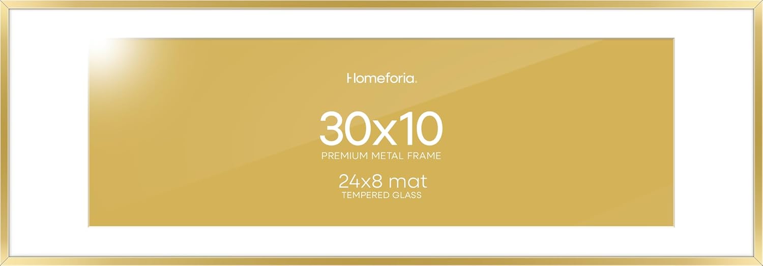 Homeforia 10x30 Picture Frame Gold, High End Metal 10x30 Poster Frames with Mat 8x24 inch Photo, 10 x 30 Gold Frames Matted to 8 by 24 Print, 30x10 Panoramic Frames, Tempered Glass, Wall Kit, Set of 1