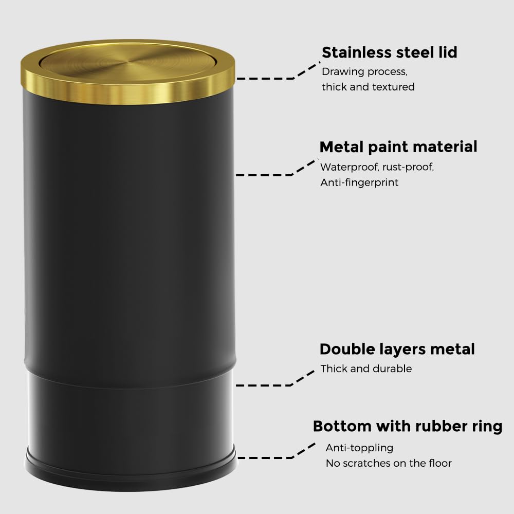 Brushed Brass Garbage can,Bathroom Trash can with lid，Modern Small Trash Can with Flipping Lid, 9 L,Garbage cans for Bathroom, Kitchen,Bedroom, Metallic Gold (Black（Double）)