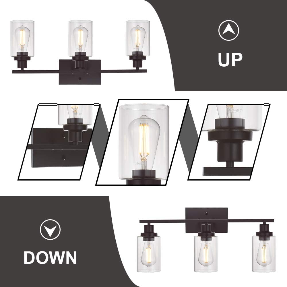 MELUCEE 3 Light Bathroom Vanity Light Oil Rubbed Bronze, Industrial Wall Light Fixture with Clear Glass Shade Sconces for Bedroom Porch Kitchen Living Room (Patent No.: US D963914 S)