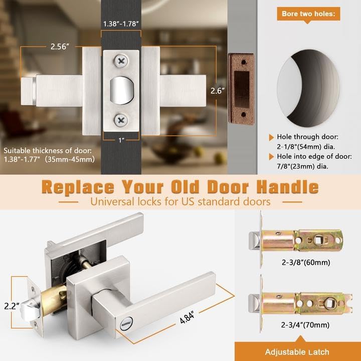 Probrico Interior Brushed Nickel Door Handle, Heavy Duty, Flat Square Privacy Door Handles, Keyless Door Levers Lockset for Bedroom and Bathroom (2 Pack, Modern)