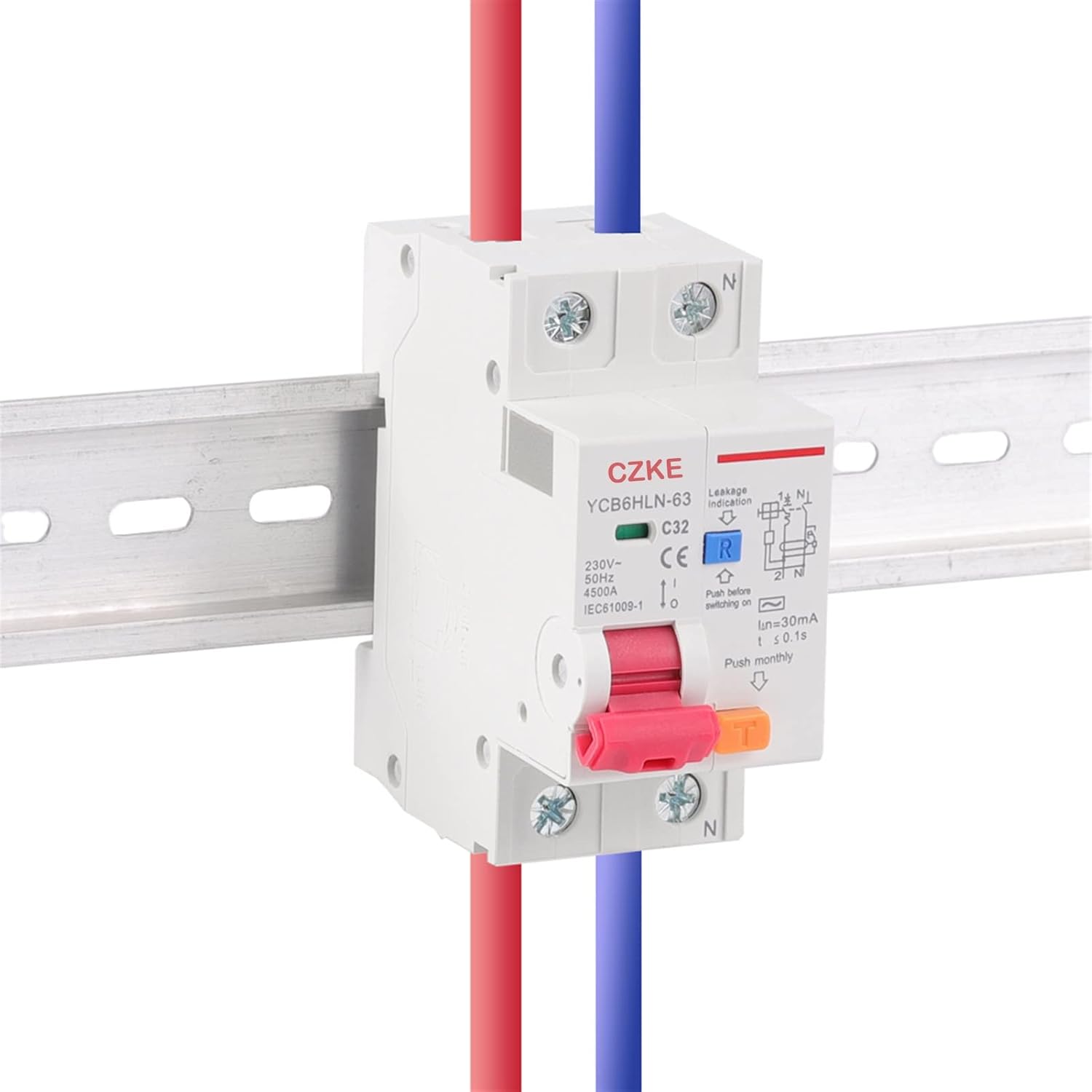 30mA RCBO MCB 230V 50/60 Hz Residual Current Circuit Breaker with Over Current and Leakage Protection 6/10/16/20/25/32/40A (Color : 1P N, Size : 63A)