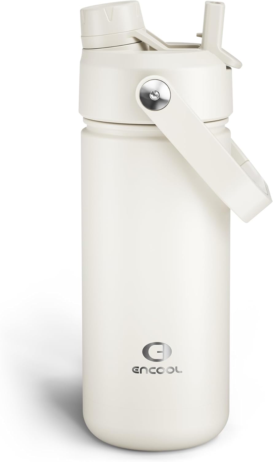 ENCOOL Insulated Water Bottle with Straw Stainless Steel Water Bottle, Leak-Proof, BPA-Free, Double Wall Vacuum Keeps Cold for 24 Hours for Sports, Travel, School (18 oz, Cream Moon)