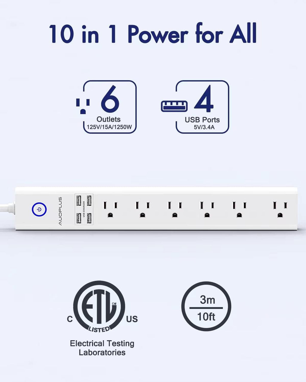 2 Pack Surge Protector Power Strip - 10FT Long Extension Cord with Multiple Outlets, 6 Widely Outlets 4 USB Charging Ports, Flat Plug Overload Surge Protection, Wall Mount for Home, Office ETL Listed
