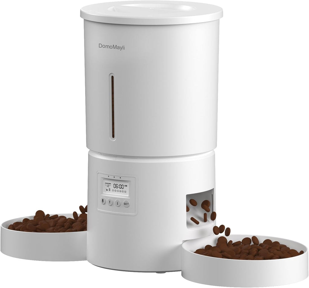Automatic Cat Feeder for 2 Cats,Dual Bowl Dry Food Dispenser with Portion Control & 10s Voice Recorder,Timed Feeding,Dual Power,Quiet Operation(White, ABS Dual Bowls)