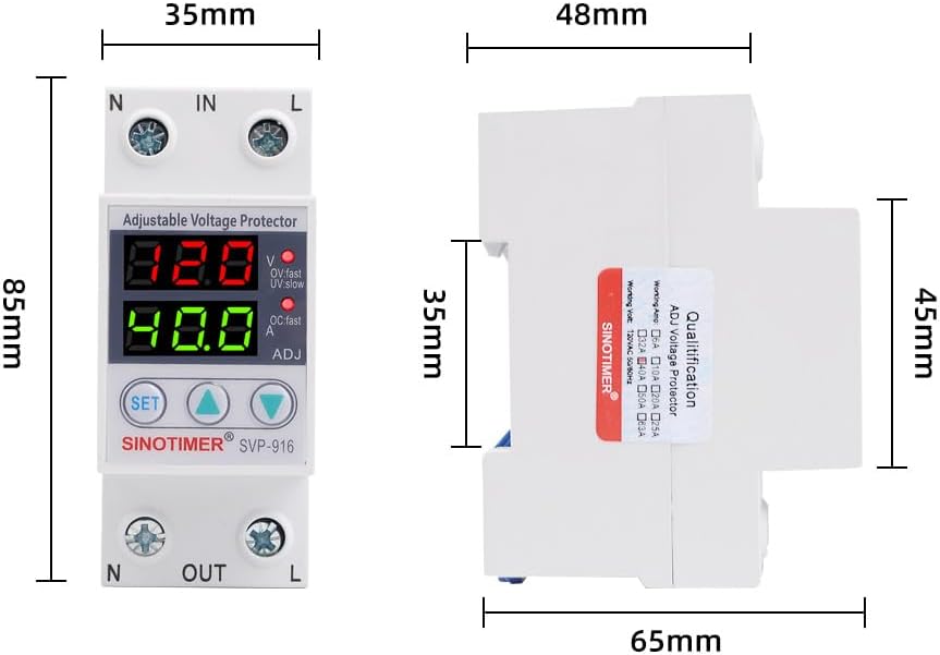 Adjustable Voltage Protector SINOTIMER Surge Protective Relay with 2 LED Displays Overvoltage and Undervoltage Current Limit Devices, 40A Load(Economical), Used in AC120V Residential