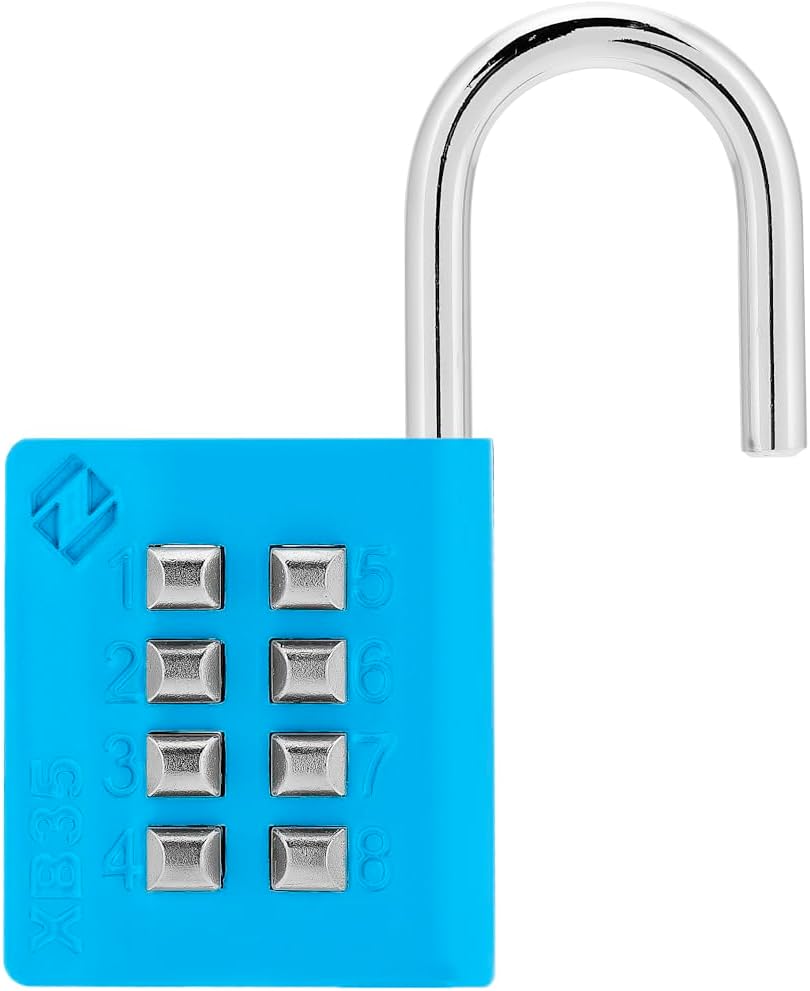 XB35 8-Digit Push Button Combination Padlock, 4 Digit Locking Mechanism, Blue, 1-Pack