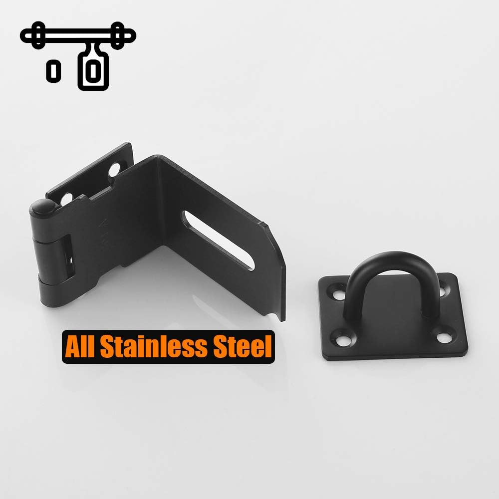 JQK Door Hasp Latch 90 Degree, Stainless Steel Safety Angle Locking Latch for Push/Sliding/Barn Door, 1.5mm Thickness Matte Black, 4 Inch, DH901-PB