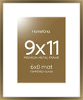 Homeforia 9x11 Frame Bronze, High End Metal 9 x 11 Brass Picture Frames with Mat for 6 by 8 in Photo, 9by11 Poster Frame Matted to 6x8, 11x9 Wall or Tabletop Frames, Tempered Glass, Wall Kit, Set of 1