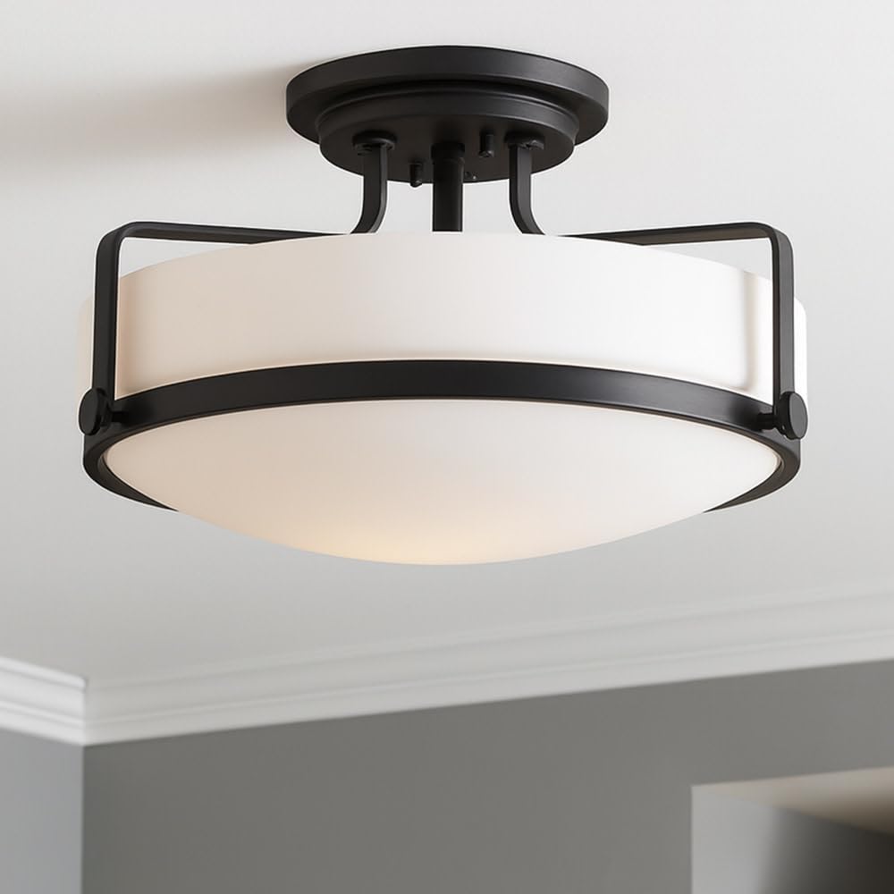 Hinkley Harper 3641BK Medium Semi-Flush Mount Ceiling Light - Sleek, Retro Style - Black + Etched Opal Glass