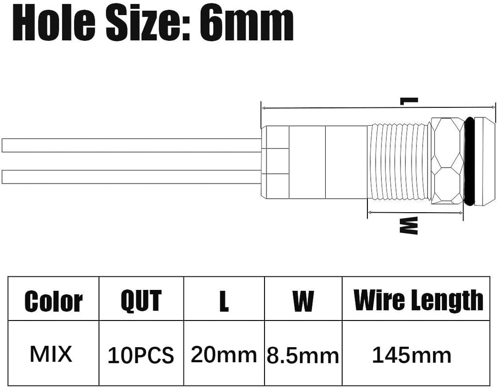 10pcs 6mm 1/4" AC/DC 12-24V LED Metal Indicator Light Waterproof Signal Lamp Pilot Dash Directional Car Truck Boat with Wire
