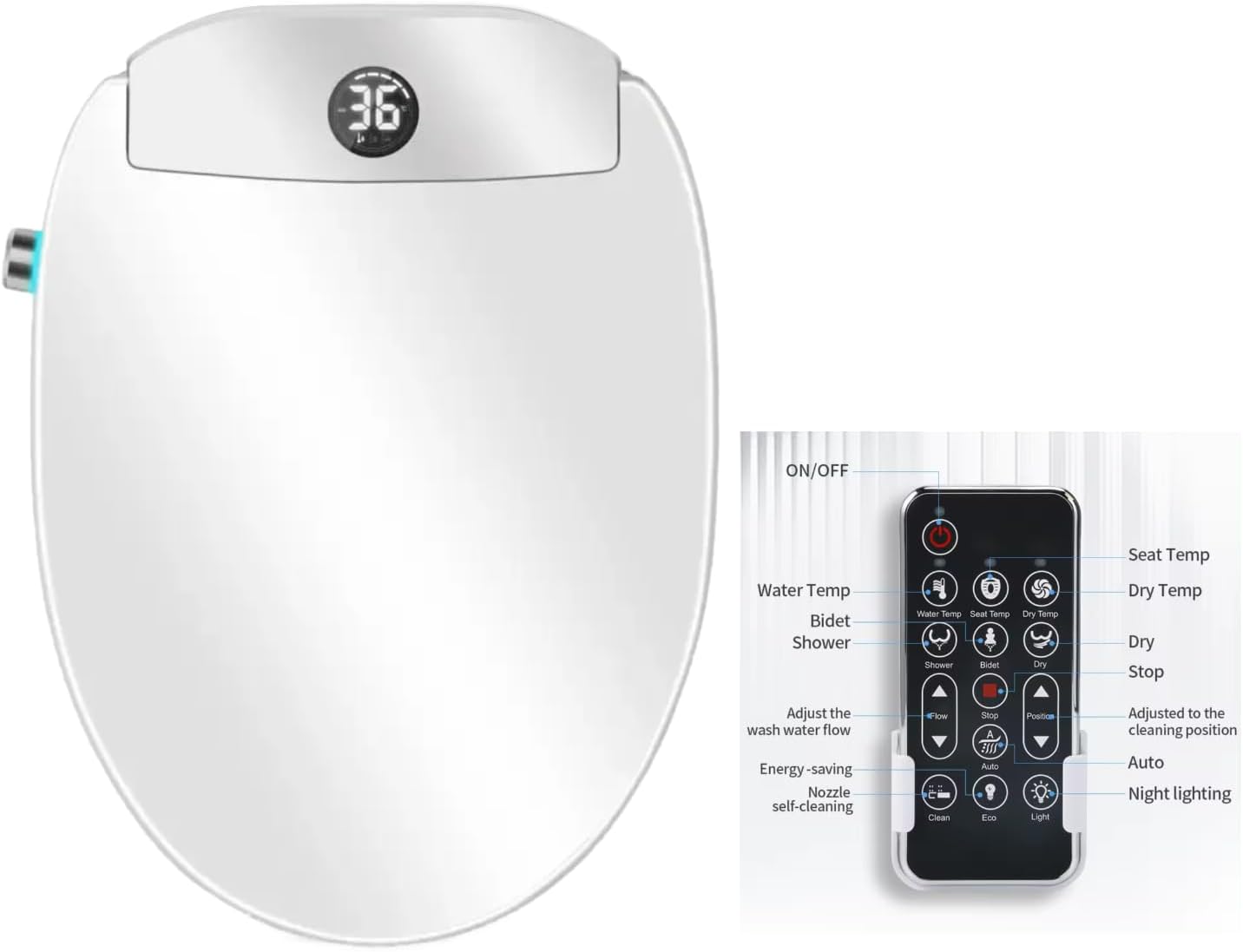Electric Bidet Toilet Seat, Filtered & Unlimited Warm Water, 8 Modes Spa Wash, Warm Air Dryer, Heated Seat, Self-Clean Stainless Steel Nozzle, HD Night Light. 10-year warranty. (TB-45EV,Round)