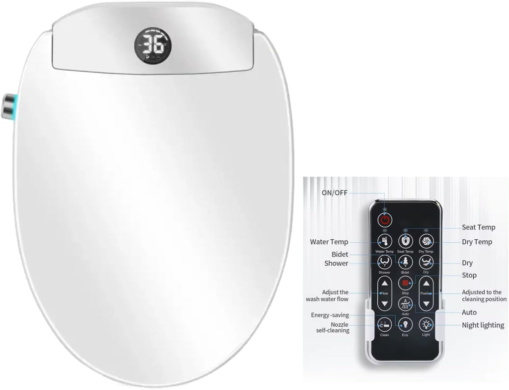 Electric Bidet Toilet Seat, Filtered & Unlimited Warm Water, 8 Modes Spa Wash, Warm Air Dryer, Heated Seat, Self-Clean Stainless Steel Nozzle, HD Night Light. 10-year warranty. (TB-48E,Elongated)