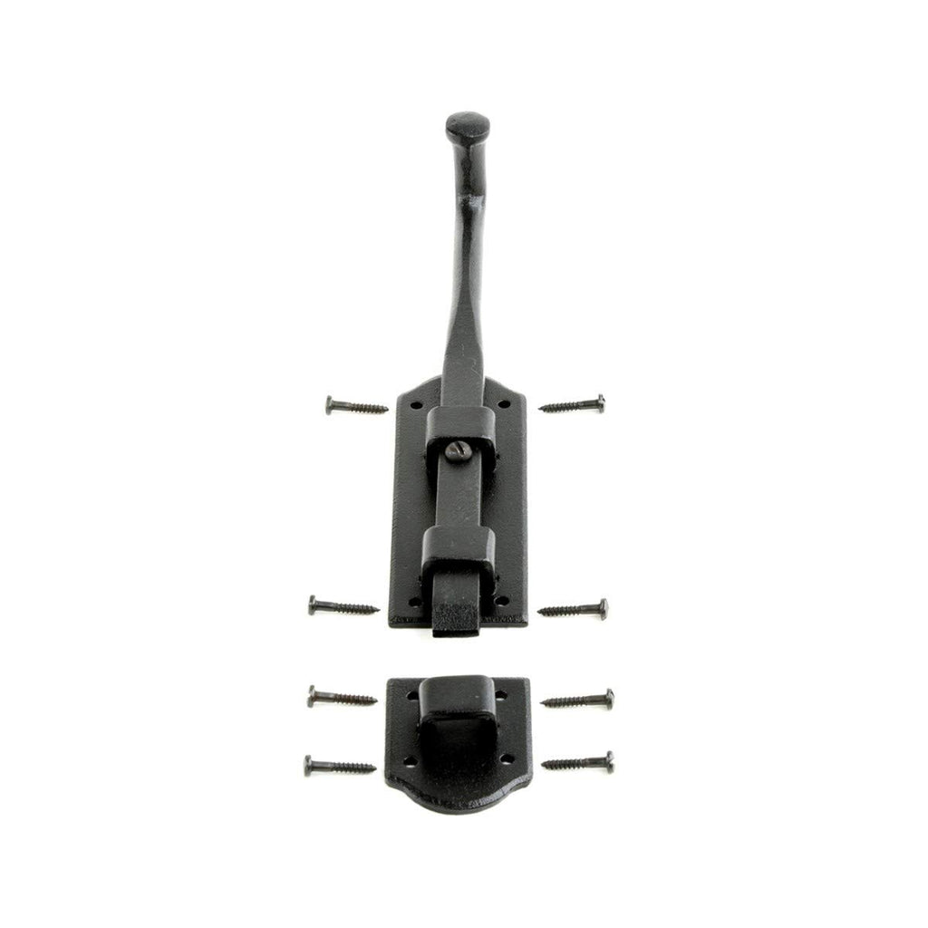 Renovators Supply Manufacturing Black Slide Bolt Door Latch 9 in. Long Black Iron Metal Sliding Bolts with Catch for Cabinet, Barn Doors Or Fence Rust Resistant Security Locks with Hardware Pack of 4