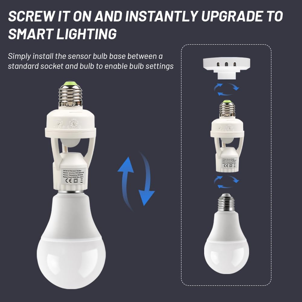 E27 Sensor Lights Socket, Motion Sensor Light Socket 10-300 Sec Delay, 6m Sensing Distance, IR Motion Activated Lamp Holder for Basement, Garage, Staircase (100-240V)