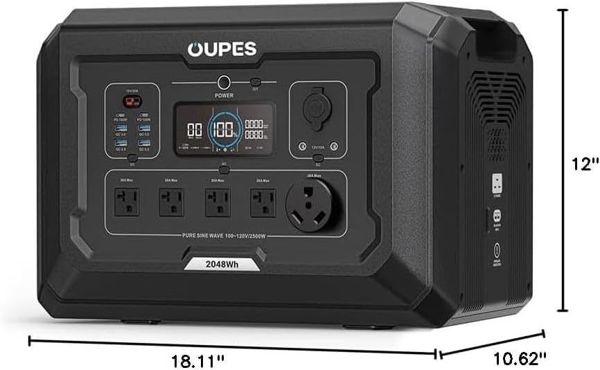 OUPES Mega 2 Portable Power Station 2500W (5400W Peak), 2048Wh LiFePO4 Battery Generator with 2100W Solar Charging & 1600W AC Charging for Home Backup, Power Outages, RVs, Off-grid Power