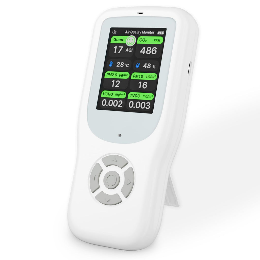11-in-1 Air Quality Monitor - Portable Indoor Air Quality Detector with Stand, Real-Time Test for AQI, CO2, PM2.5, PM1.0, PM10, TVOC, HCHO, Particles, Temperature & Humidity with Aler (White-Black)