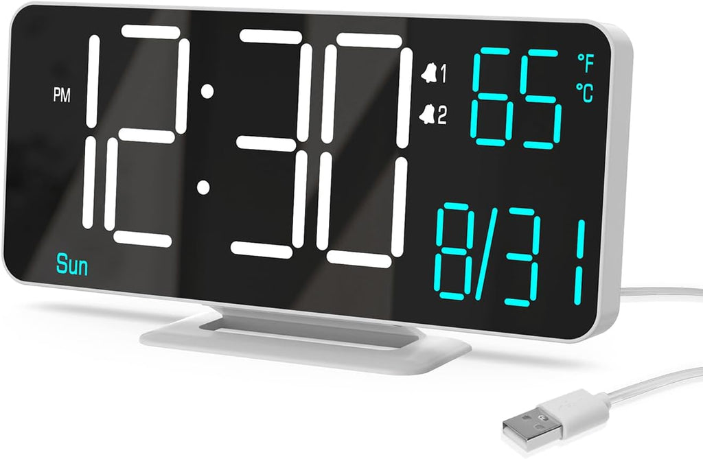 KOSUMOSU Digital Alarm Clocks 6.7in Small Digital Clock for Bedroom,Auto Dimming,Dual Alarm, Date, Seconds, Day of Week, Indoor Temperature,Desk Clock for Classroom,LED Clocks for Living Room
