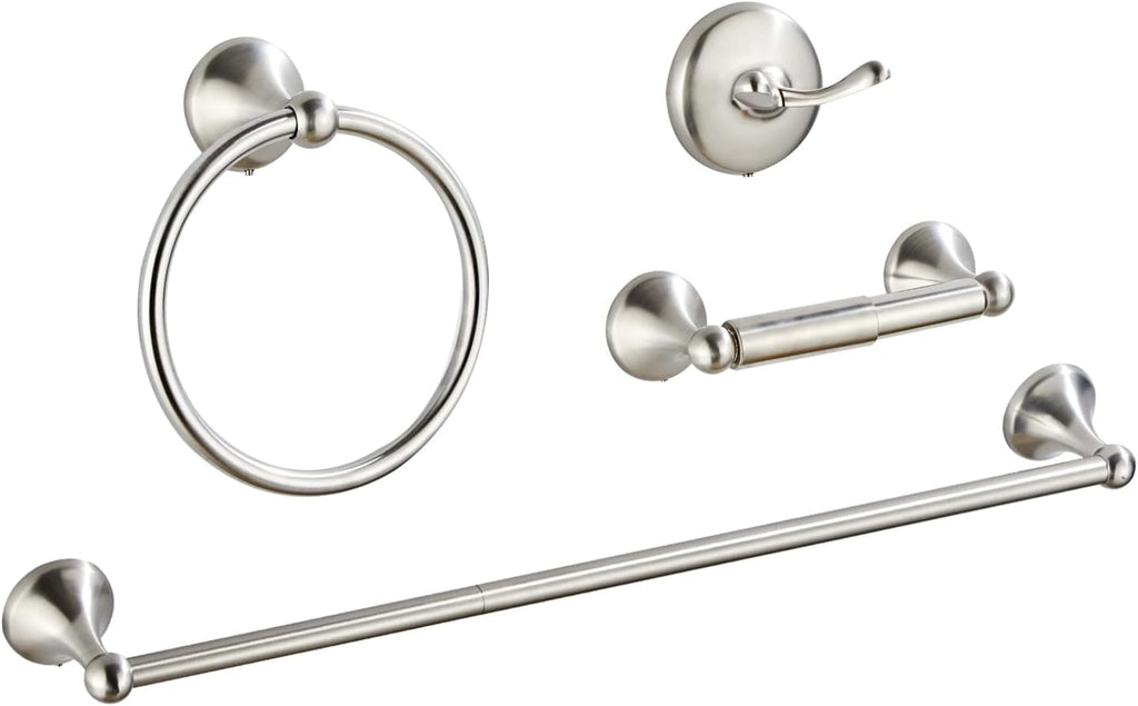 4-Piece Bathroom Hardware Set: Brushed Nickel Bathroom Accessory Set, Towel Bar,Towel Ring,Toilet Paper Holder,Robe Hook, Wall Mounted,Optional Install Longer or Shorter Towel bar
