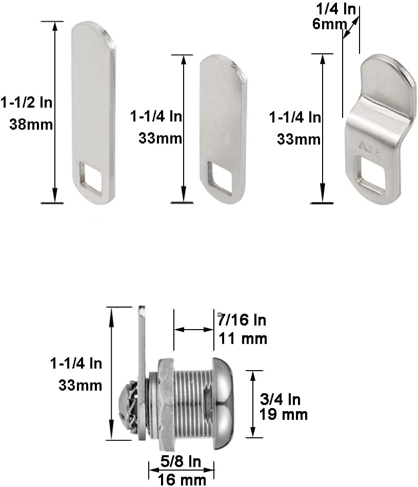 Cabinet Cam Locks Keyed Alike, 5/8” Cylinder Cam Locks for Tool Box RV Compartment Mailbox Vending Machine Drawer File Cabinet, Fits 3/8” Max Panel Thickness, Chrome Finish with 3 Cams and 2 Keys