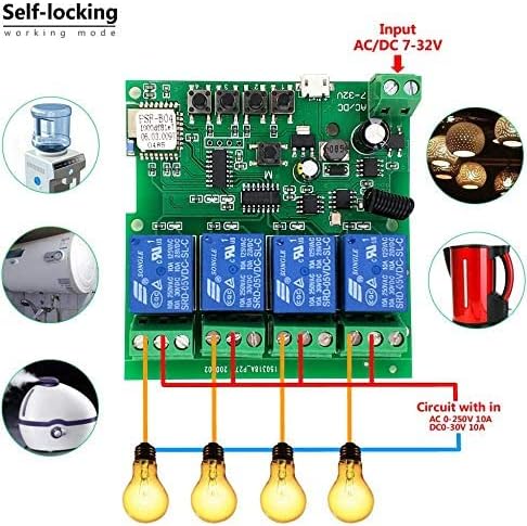 4 Channels WiFi Wireless Smart Switch Inching Self-Locking Relay Module,for DIY Access Control, Garage Door Opener with 433RF Remote Control （Ewelink App）