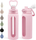 SANDJEST Glass Water Bottle with Silicone Sleeve 24oz with Lid, Motivational Time Marker, Drinking Hydration Glass Bottles for Men Women, Gym Travel Sports (Pink)