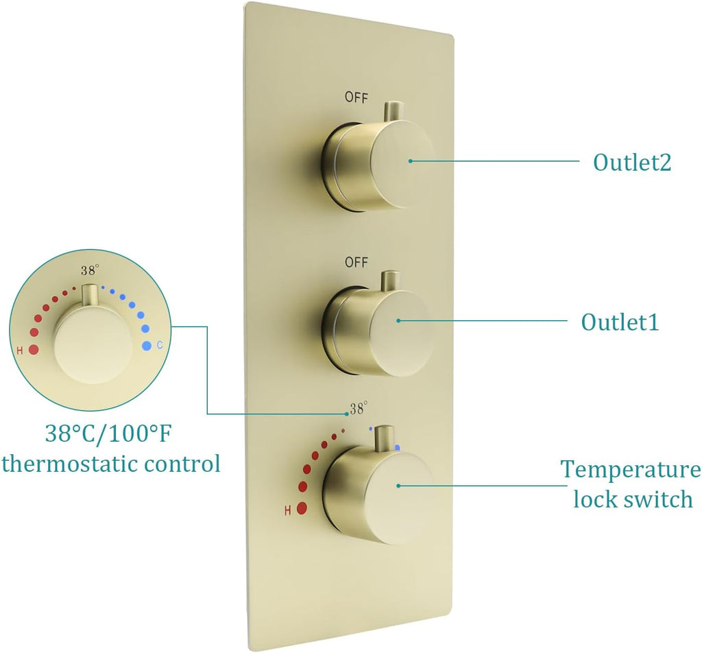 2 Function Shower Thermostatic Brass Valve Volume Control Can Work at the Same Time: 3 Round Knob, Concealed Brass Rough-In Valve (Brushed Gold, 2-Way)
