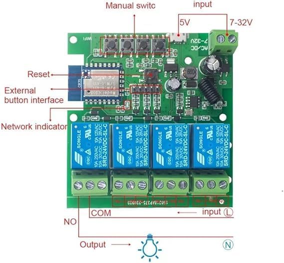 Tuya 4 Channel Updated USB 5V/DC/AC 7-32V, Momentary Inching Self-Locking Relay Module,Tuya App Remote Control,WiFi RF Bluetooth Switch Module,Dry Contact,Compatible with Alexa Goolge Home