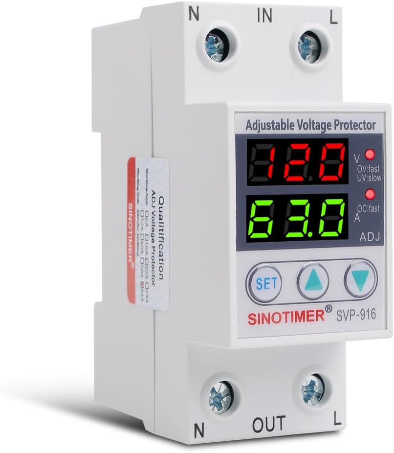 110VAC 120VAC 63A Over/Under Voltage Protection Device Voltage Current Protector, 2 Red LED Displays, Single Phase Low Voltage Monitor, Din Rail Installation in DB Home Usage