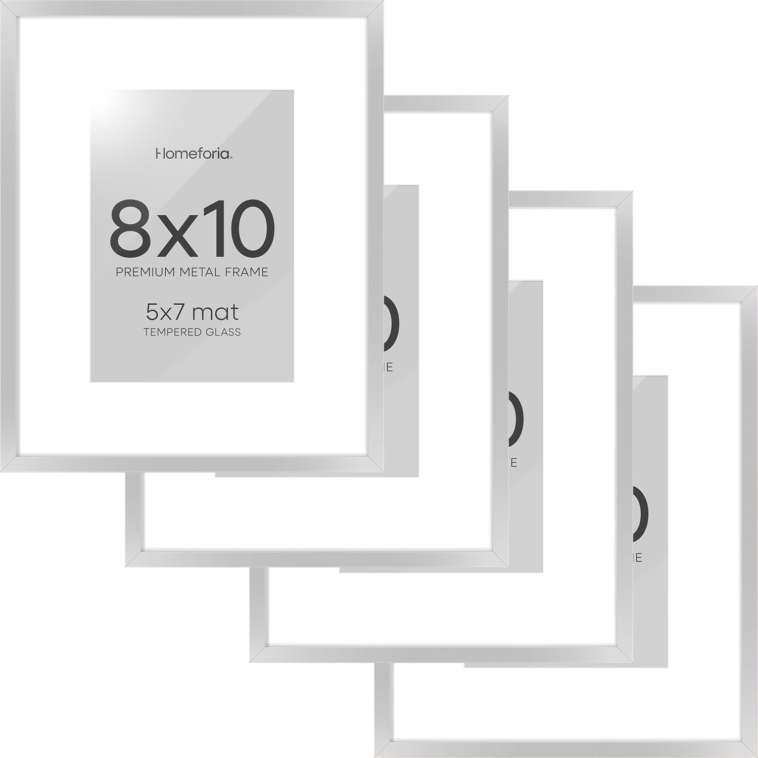 Homeforia Silver Picture Frame 8x10, High End Metal 8 x 10 Photo Frames with Mat 5 by 7 Art, 10x8 Thin Frame Matted to 5x7 inch Print, 10by8 Wall or Tabletop Frames, Tempered Glass, Wall Kit, Set of 4