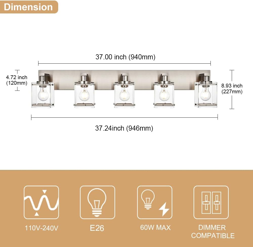 5-Lights Brushed Nickel Bathroom Wall Light with Clear Glass Shade, E26 Bulb Base Vanity Lighting Fixtures Over Mirror for Kitchen Cabinet Bedroom
