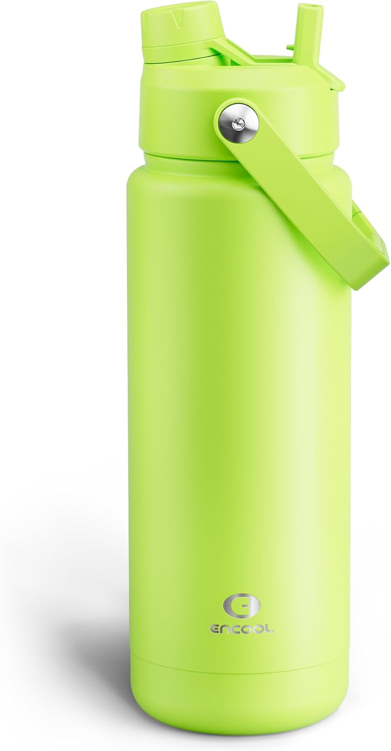 ENCOOL Insulated Water Bottle with Straw Stainless Steel Water Bottle, Leak-Proof, BPA-Free, Double Wall Vacuum Keeps Cold for 24 Hours for Sports, Travel, School (32 oz, Sharp Green)
