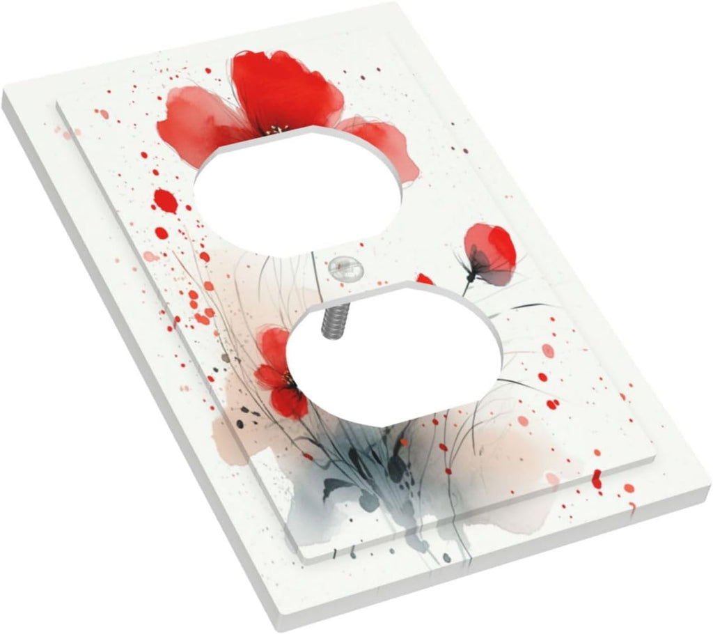 Vintage Watercolor Red Flowers Floral Outlet Covers 1 Gang Duplex Light Switch Cover Wall Plate Decorative Switch Plates Electrical Receptacle Faceplate for Bedroom Bathroom Decor