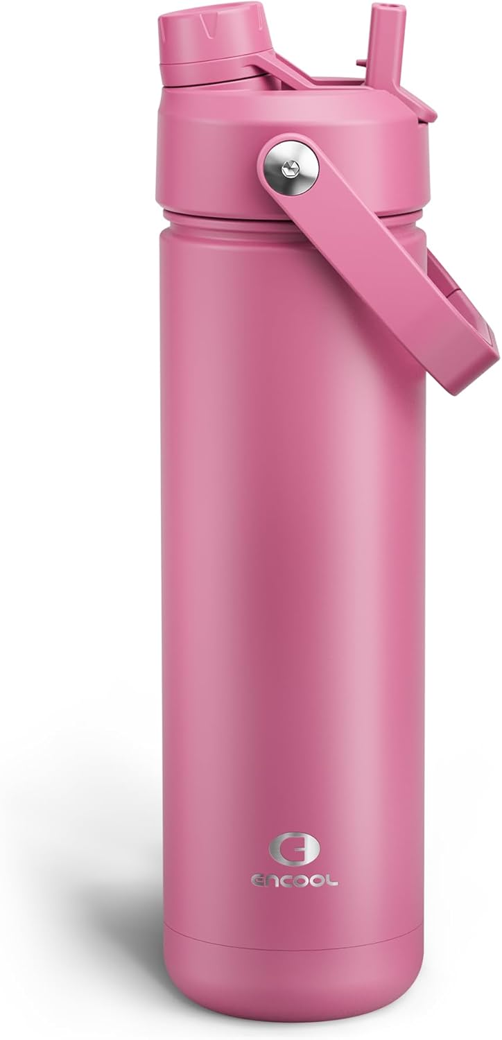 ENCOOL Insulated Water Bottle with Straw Stainless Steel Water Bottle, Leak-Proof, BPA-Free, Double Wall Vacuum Keeps Cold for 24 Hours for Sports, Travel, School (26 oz, Turkish Rose)