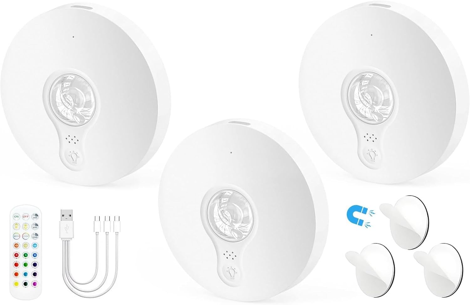 Rechargeable Puck Lights with Remote, 3 Pack Magnetic Under Cabinet Lighting, 1500mAh Battery Operated LED Tap Lights with Dimmer & Timmer for Kitchen, Closet, Shelf - 3 Color Temps & 12 RGB, White