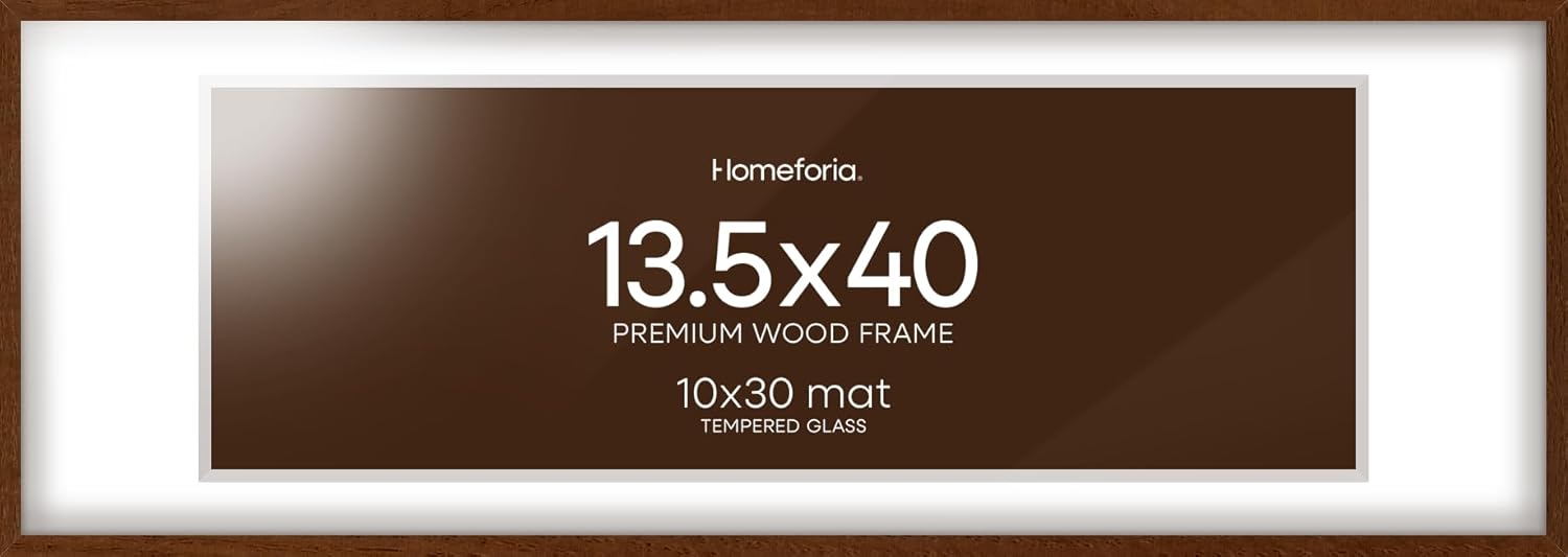 Homeforia 13.5x40 Picture Frame Brown, High End Dark Oak 13.5by40 Walnut Wood Poster Frame with Mat 10x30, 13.5 x 40 Panoramic Wooden Frames Matted to 10 x 30 Print, Tempered Glass, Wall Kit, Set of 1