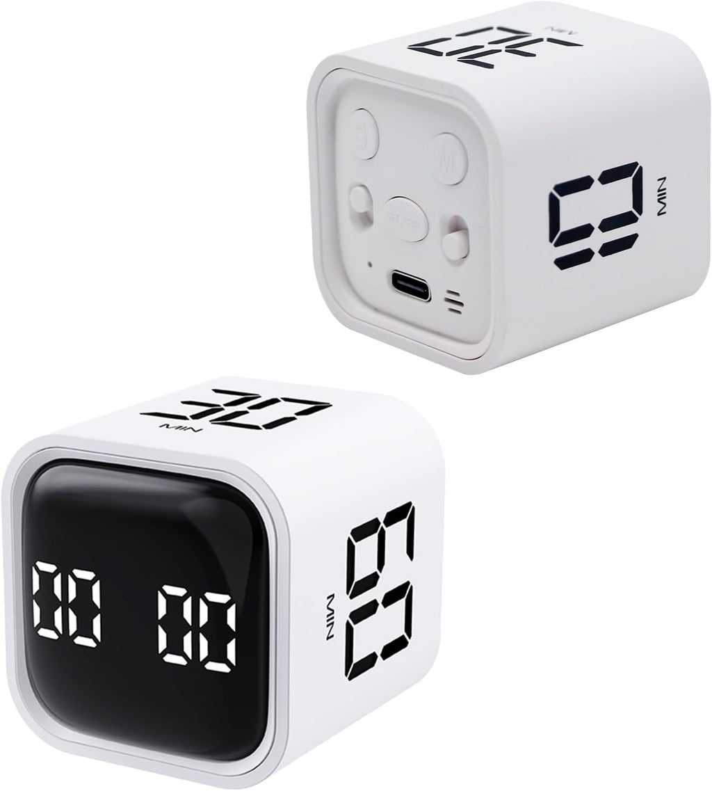 Productivity Timer Flip Gravity Sensor Cube Timer Countdown & Countup,Mute & Vibrate & Sound，5/10/30/60min & Custom Timing, Perfect for ADHD,Work,Learning,Kitchen Cooking (2 White)