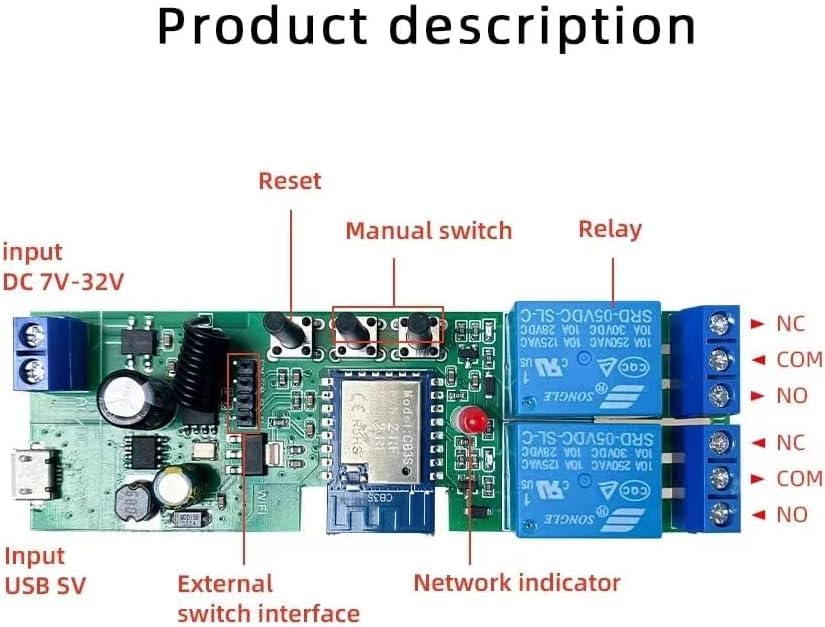 Tuya 2 Channel Updated USB 5V/DC/AC 7-32V, Momentary Inching Self-Locking Relay Module,Tuya App Remote Control,WiFi RF Bluetooth Switch Module,Dry Contact,Compatible with Alexa Goolge Home