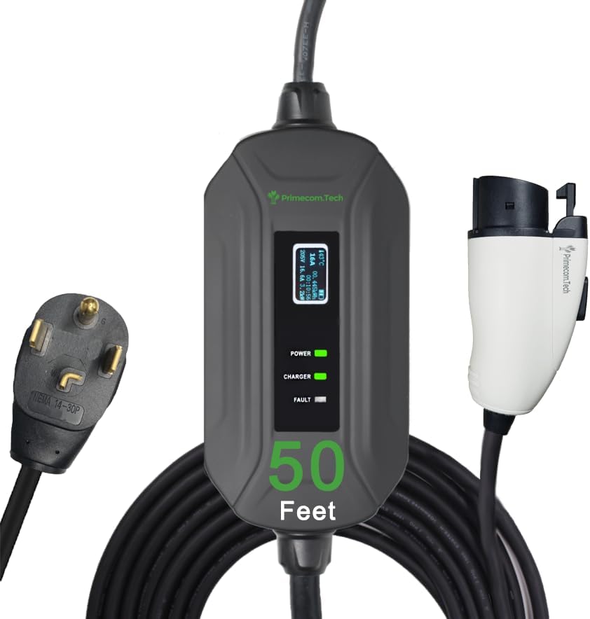 PRIMECOM Level 2 Electric Vehicle (EV) Charger (220V / 240Volt, 16Amp) Portable EVSE Smart Electric Car Charger, 30', 40', and 50 Feet Lengths (NEMA 14-30P, 50 Feet)