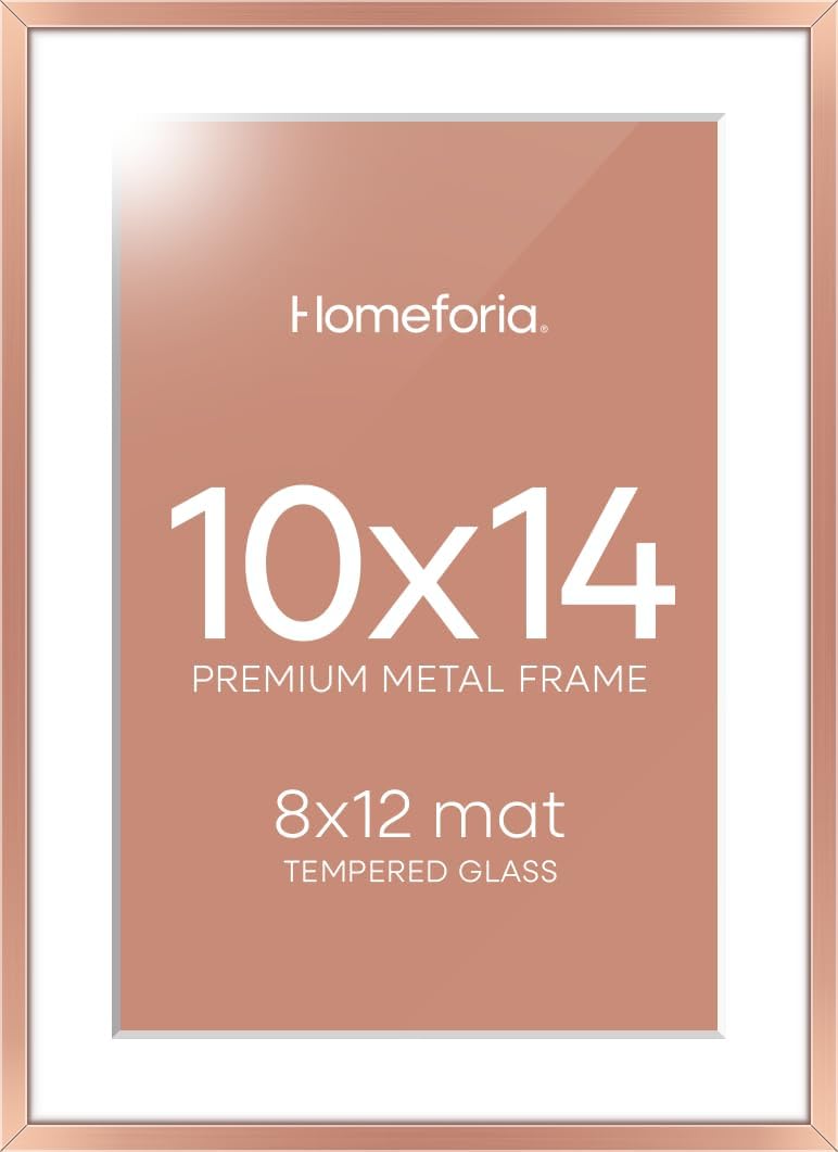 Homeforia 10x14 Picture Frame Rose Gold, High End Metal 10x14 Wall Hanging Frame with Mat 8x12, 10 x 14 Poster Frame Matted to 8 x 12 inch Photo, 10by14 Thin Frames, Tempered Glass, Wall Kit, Set of 1