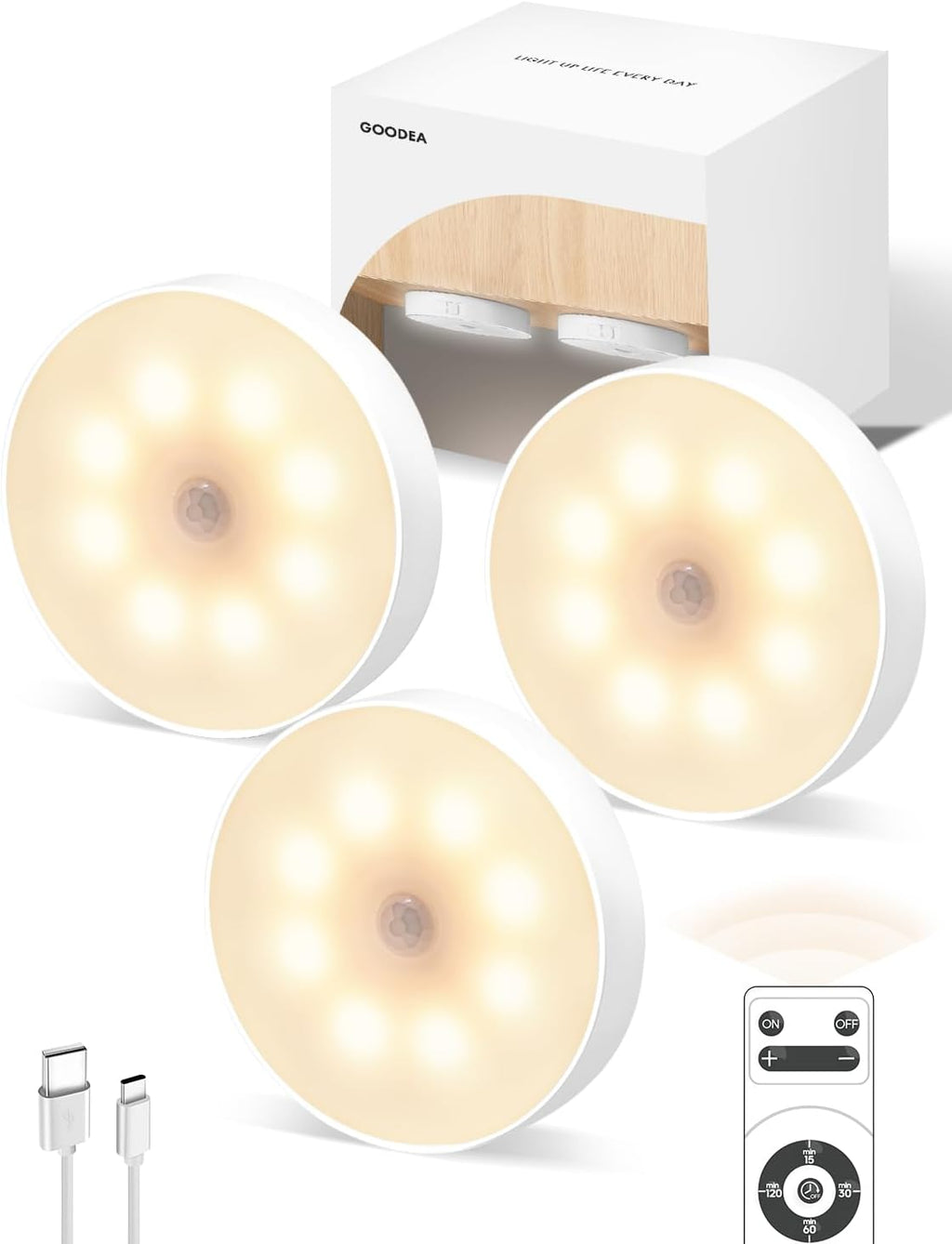 Led Under Cabinet Lights, Motion Sensor Rechargeable Light, 1000mAh Puck Lights with IR Remote, Under Counter Lights for Kitchen,cabinets,Closet,Stairs Indoor
