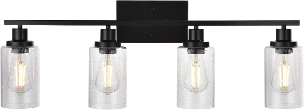 Black 4-Light Bathroom Light Fixtures with Seeded Glass Shade, 31-Inches Length Farmhouse Vanity Lights Over Mirror for Cabinet Kitchen Bedroom