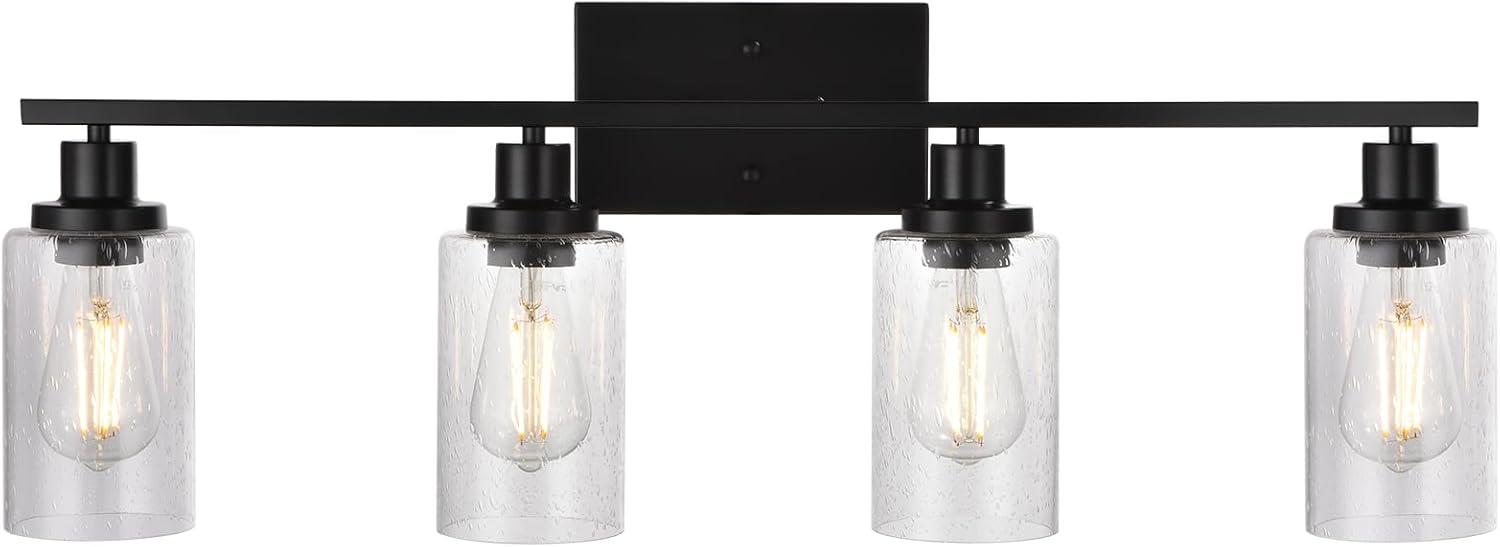 Black 4-Light Bathroom Light Fixtures with Seeded Glass Shade, 31-Inches Length Farmhouse Vanity Lights Over Mirror for Cabinet Kitchen Bedroom