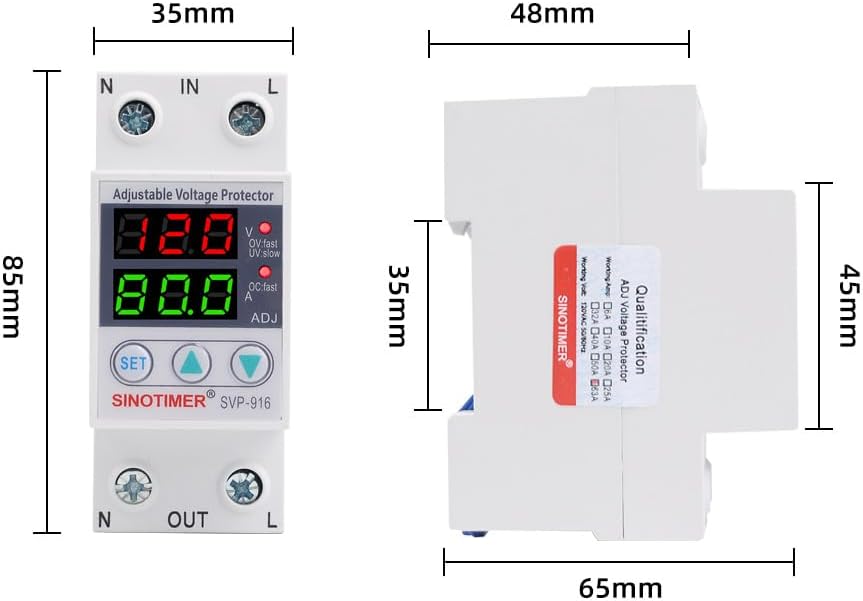 SVP916 SINOTIMER Dual LED Display 120VAC 80A Adjustable Voltage Surge Protector Relay with Limit Current Protection, Din Rail Installation in DB Home Usage (Green Display)
