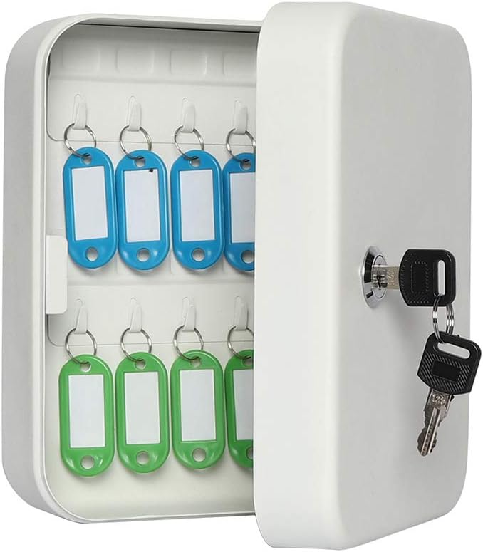 Jssmst Key Lock Box Wall Mount Security Key Storage Box, Locking Key Cabinet Wall Mount with 20 Key Hooks & Tags Key Labels, 7.87 x 6.3 x 2.95 inches, White Matt