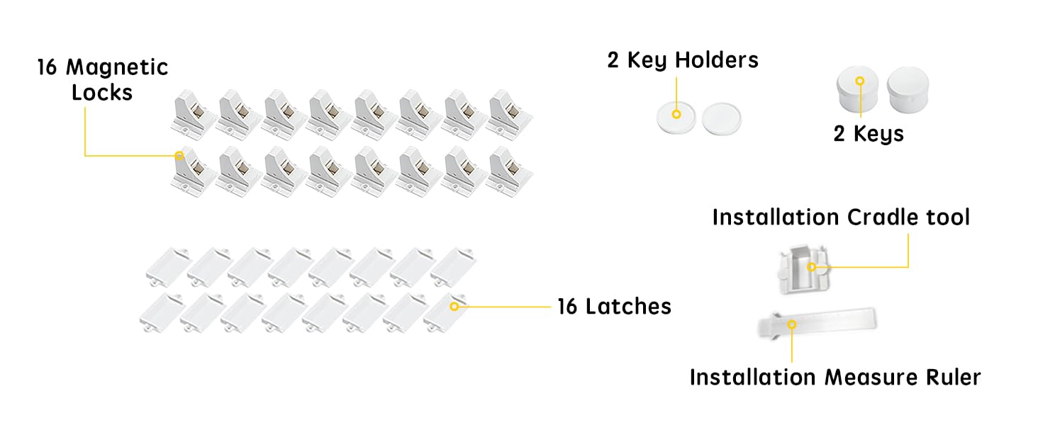 Vmaisi 16 Pack Child Safety Magnetic Cabinet Locks - Children Proof Cupboard Baby Locks Latches - Adhesive for Cabinets & Drawers and Screws Fixed for Protection