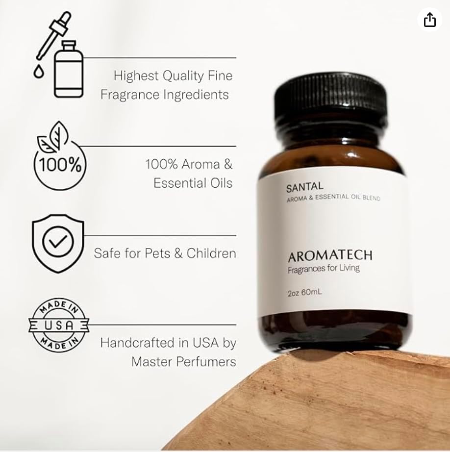 AromaTech Santal Premium Aroma Oil – Inviting & Versatile Home Fragrance with Notes of Sandalwood, Leathery Papyrus & Cardamom for Scent Diffusers, Cold-Air and UltraSonic Scent Machines – 60 mL
