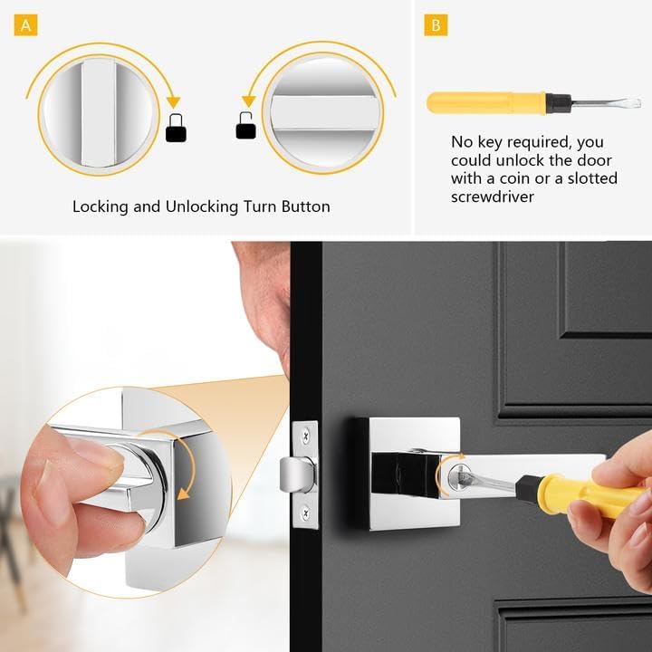 Probrico Bed and Bath Door Locks Interior Heavy Duty Privacy Levers in Polished Chrome Modern Square Door Handles Keyless Lockset for Right/Left Handed Doors, 5 Pack