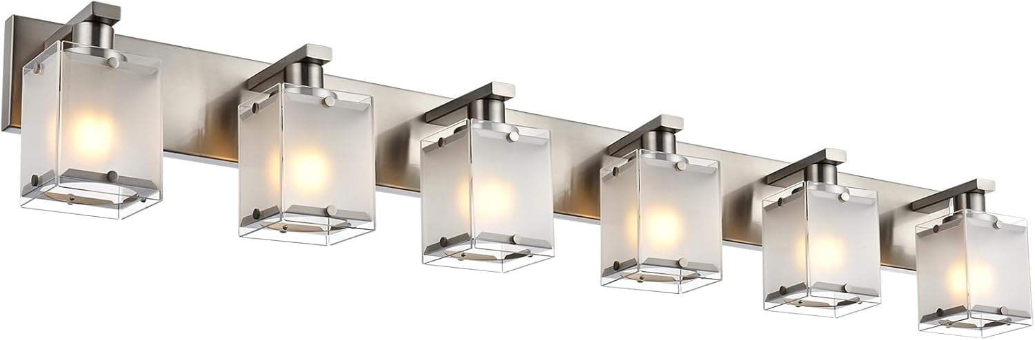 6-Lights Bathroom Vantiy Light Over Mirror, Modern Black Vanity Lighting Fixtures with Rectangular Frosted Glass Shades for Bath Kitchen Wall Mounted, E26 Bulb Base