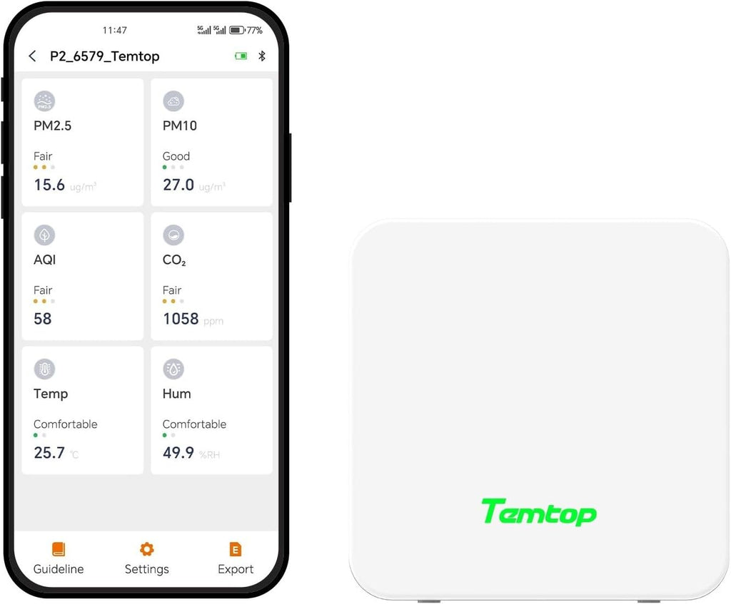 Temtop P2 Air Quality Monitor - CO2, PM2.5, PM10 Detector with Real-Time AQI, Temperature & Humidity Sensor, Bluetooth App for Home, Office, Car & Travel Use