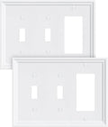 2-Pack Combo Decorator/Double Toggle Light Switch Cover Plate, Pure White Modern Decorative Electrical Outlet Covers, Bamboo Fiber Wall Switch Plates and Outlet Covers